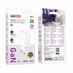 Borofone sieninis įkroviklis BN31 Cargador GaN - 2x Type C - QC 3.0 PD 45W baltas