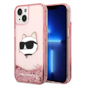 Karl Lagerfeld blizgus Choupette galvos dėklas telefonui iPhone 14 Plus - rožinis