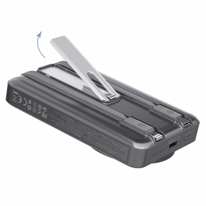 Dudao K29 10000mAh PD 20W Magnetinė išorinė baterija su metaliniu dėklu, stovu ir įmontuotais USB-C/Lightning kabeliais - sidabrinė