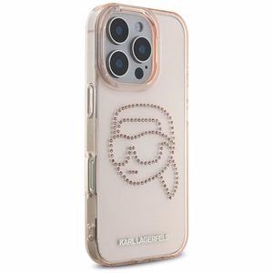 Karl Lagerfeld IML Rhinestones Karl Head dėklas telefonui iPhone 16 Pro rožinis