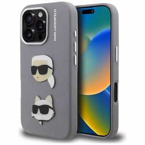 Karl Lagerfeld FW Grained Karl & Choupette Heads Pins Dėklas iPhone 16 Pro - pilkas