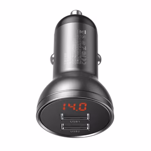 Baseus automobilinis įkroviklis su ekranu, 2x USB, 4,8 A, 24 W (pilkas)