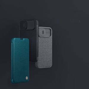 Nillkin Qin audinio dėklas iPhone 14 Plus su kameros dangteliu ir dėklu mėlynas