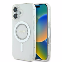 Guess IML Rhinestones magnetinis dėklas telefonui iPhone 16 Plus - baltas