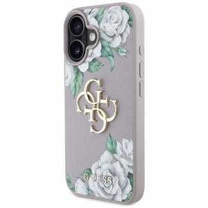 Guess Grained Roses Big 4G Logo dėklas telefonui iPhone 16 - violetinis
