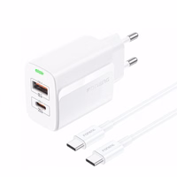 FONENG tinklo įkroviklis EU66 PD 20W 1xUSB-C + 1xUSB QC3.0 + laidas USB-C - USB-C baltas