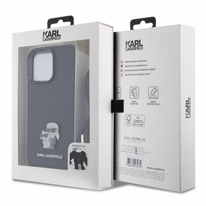 Karl Lagerfeld kryžminis Saffiano metalinis ženkliukas Karl & Choupette dėklas telefonui iPhone 15 Pro Max - juodas