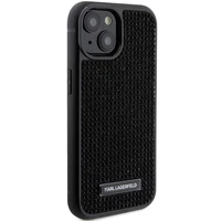 Karl Lagerfeld Krištolo logotipas metalinė plokštelė dėklas iPhone 15 - juoda