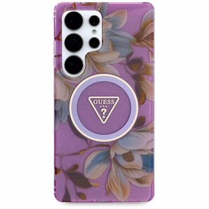 GUESS dėklas SAMSUNG S25 Ultra GUHMS25LHFLPEDU (Magnetinis IML metalinis blizgesys gėlių trikampis) violetinė