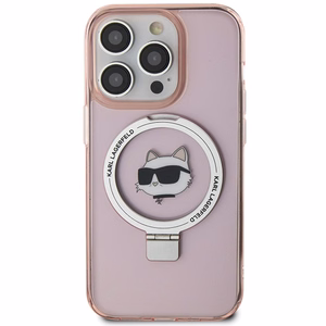 Karl Lagerfeld KLHMP15LHMRSCHP iPhone 15 Pro 6.1" rožinis/rožinis kietas dėklas su žiediniu stovu Choupette Galva Magnetinis