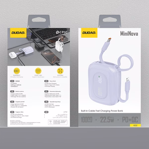 Dudao K32 22.5W 10000mAh išorinė baterija su įmontuotu USB-C / Lightning kabeliu - violetinė