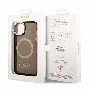 Guess GUHMP14MHTCMK iPhone 14 Plus 6.7" juodas/juodas kietas dėklas Auksinis kontūras Pusiau permatomas Magnetinis