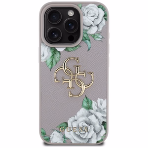 Guess Grained Roses Big 4G Logo dėklas telefonui iPhone 16 Pro Max - violetinis