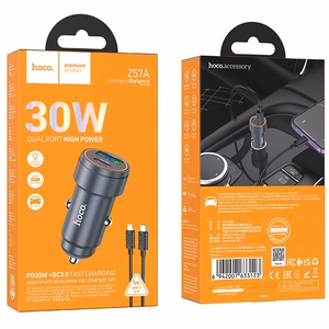 Automobilinis įkroviklis Hoco USB A + USB C QC3.0 PD 30W + kabelis USB C į Lightning Z57A juodas