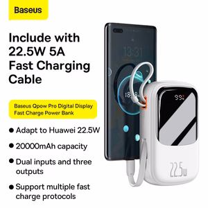 Baseus Qpow su skaitmenine indikacija išorinė baterija su greitu įkrovimu 20000mAh 22.5W QC/PD/SCP/FCP su įmontuotu USB-C kabeliu balta