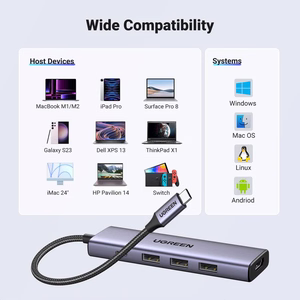 Ugreen CM511 15597 5in1 šakotuvas USB-C - USB-C PD / HDMI / 3x USB-A 3.0 - pilkas
