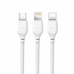 XO NB103 USB-A laidas „3 viename“ su Lightning, USB-C ir Micro-USB jungtimis, 1 m, 2,1 A – baltas