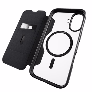 Puro Book Mag magnetinis odinis dėklas su atvartu ir kortelių skyriumi iPhone 16 - juodas