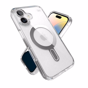 Speck Presidio Perfect-Clear dėklas su MagSafe ir ClickLock, skirtas iPhone 16, „Clear/Chrome“
