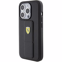 Ferrari Grip Stand Metal Logo dėklas iPhone 15 Pro – juodas