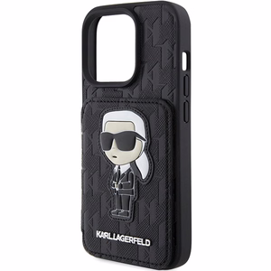 Karl Lagerfeld Saffiano kortelių lizdai ir stovas monograma Ikonik pleistras dėklas iPhone 15 Pro - juoda