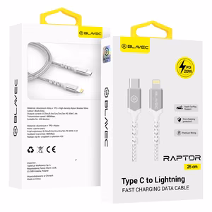 Kabelis Blavec Cable Raptor pluoštinis - Type-C į Lightning - PD 20W 2,4A 0,25 m Apple CarPlay (CRA-CL24WS025) baltas-sidabrinis