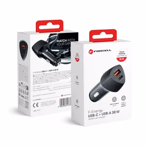FORCELL F-ENERGY Carbon CC50-1A1C automobilinis įkroviklis Type C + USB A PD QC3.0 3A 38W juodas