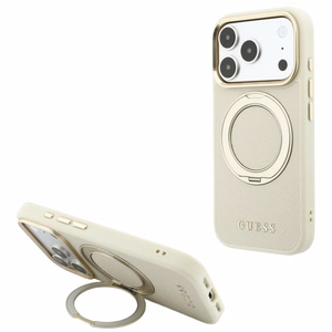 Guess Ring Stand 360 Grained Classic Logo MagSafe dėklas iPhone 18 Pro Max / 17 Pro Max – smėlinis