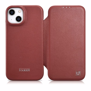 iCarer CE Premium odinis folio dėklas iPhone 14 Plus su MagSafe magnetiniu flipu - raudonas