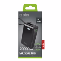 Išorinė baterija SBS 20000 mAh 20W su įmontuotu USB-C kabeliu ir skaitmenine indikacija - juoda