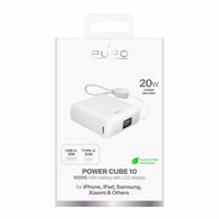 Puro 10000mAh 20W USB-C USB-A išorinė baterija su ekranu ir įmontuotu USB-C kabeliu – balta