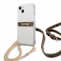 Guess GUHCP13SKC4GBGO iPhone 13 mini 5.4" skaidrus kietasis dėklas 4G rudos spalvos dirželiu ir auksine grandinėle