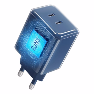 Telefono įkroviklis Forcell F-Energy GaN III Crystal Color, 2x USB C, AVS, SSFC3.0, 60W + silikoninis laidas USB C į USB C VT-60, tamsiai mėlynas