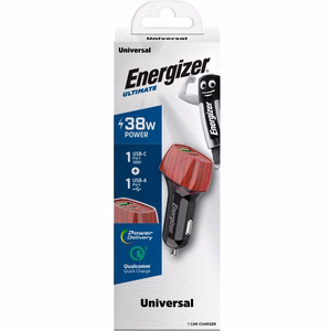 Energizer Ultimate D38WO automobilinis įkroviklis, USB-C + USB-A, 38 W PD + QC 3,0, riešutmedžio rašto