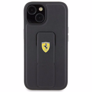 Ferrari Grip Stand Metal Logo dėklas iPhone 15 – juodas