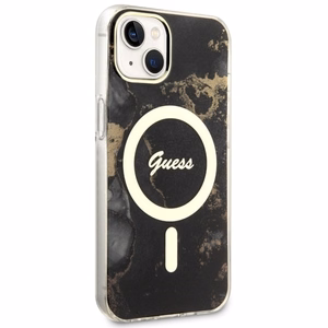 Guess GUHMP14SHTMRSK iPhone 14 6.1" juodas/juodas kietas dėklas Golden Marble Magnetinis