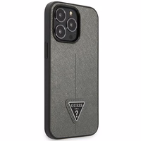 Guess GUHCP14XPSATLG iPhone 14 Pro Max 6.7" sidabrinis kietasis dėklas Saffiano Triangle Logo
