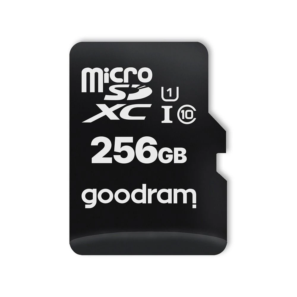 Juodos GOODRAM 256 GB microSD kortelės vaizdas iš arti