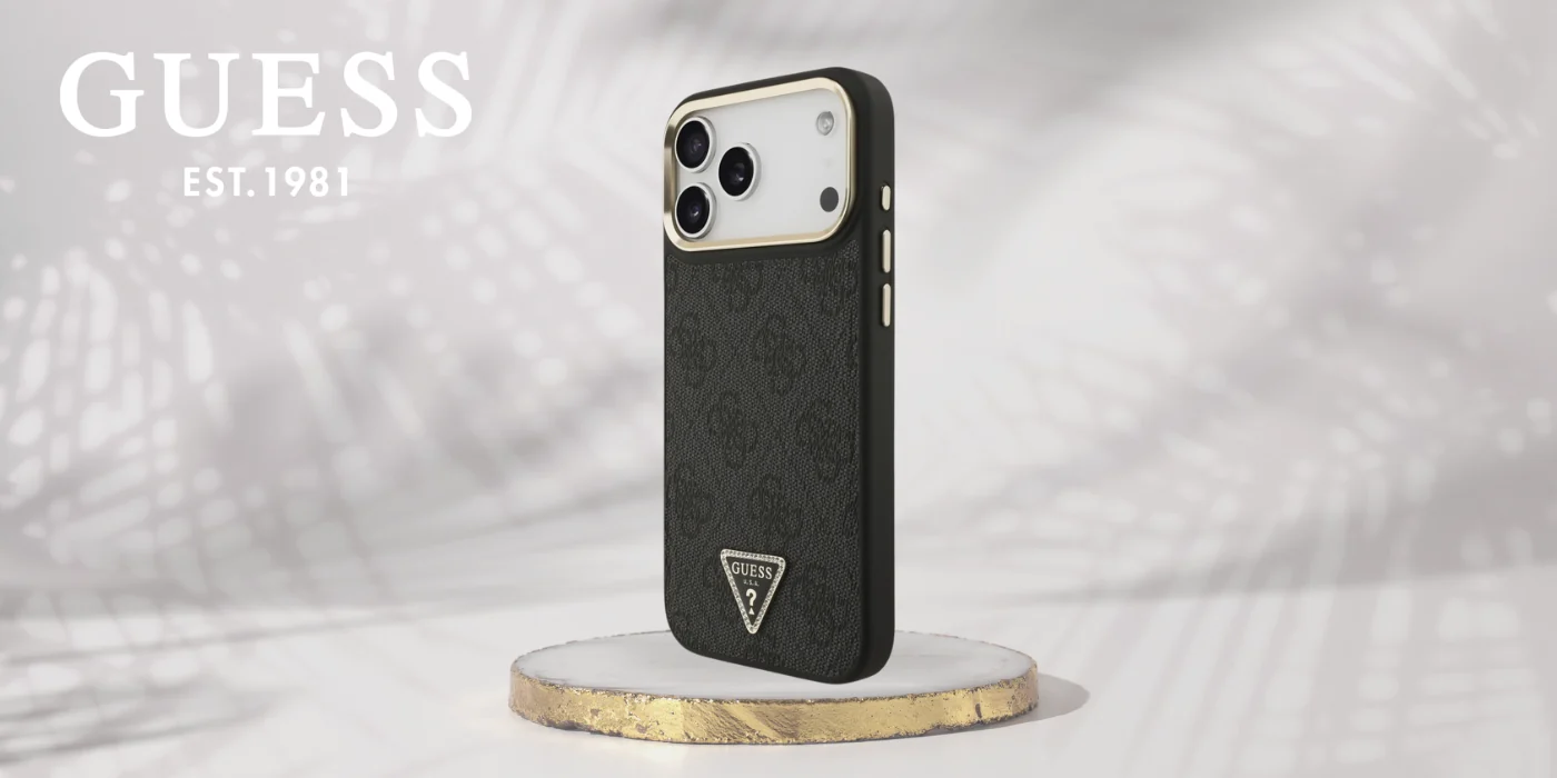 Dėklas Guess PU Leather 4G Strass Triangle Logo Gold Frame MagSafe Apple iPhone 17 Pro Max juodas