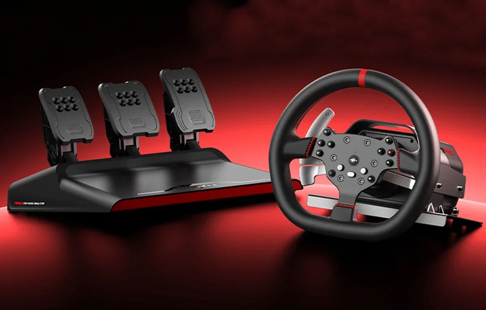 PXN-V10 Pro žaidimų vairas su trijų pedalų rinkiniu raudoname ir juodame fone
