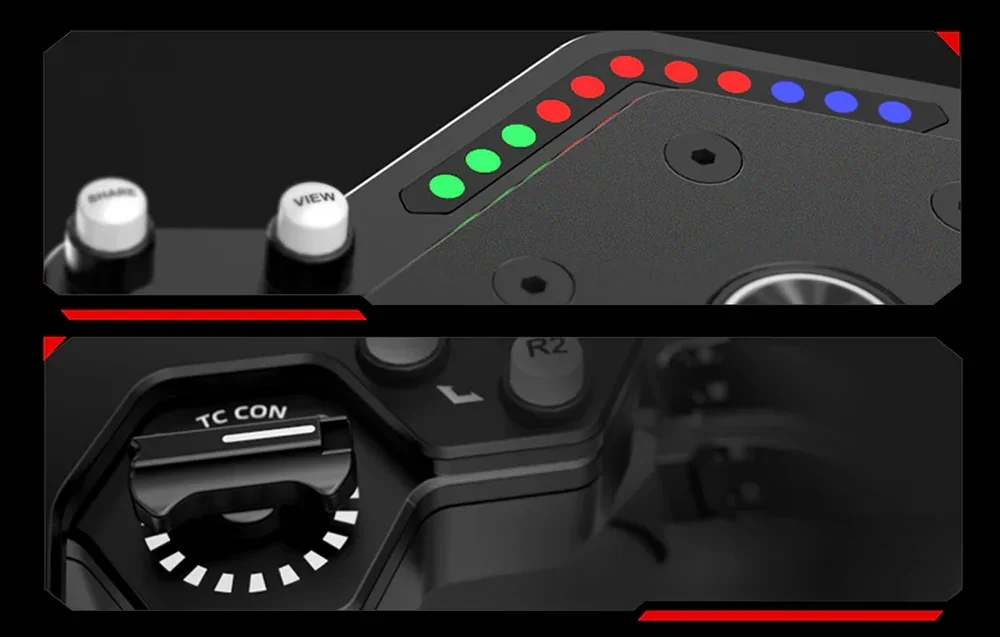 Dviejų dalių vaizdas, rodantis spalvotas LED lemputes ir valdymo rankenėles su TC CON aprašymu ant vairo