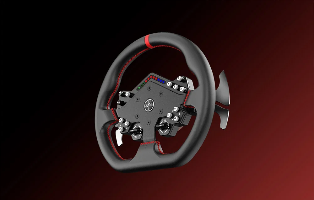 PXN vairas su centrine valdymo panele su mygtukais ir LED lemputes bei metalinėmis pavarų perjungimo mentelėmis šonuose