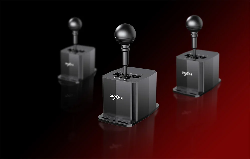 Three identical black PXN gearboxes with spherical knobs set against a red and black background
