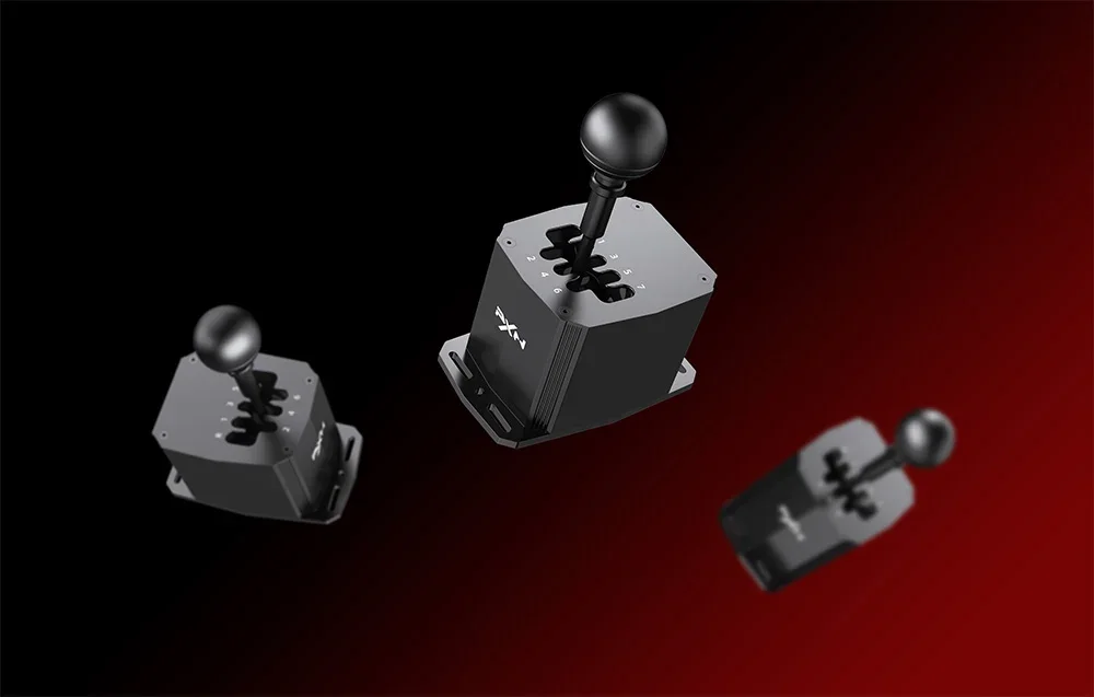 Three PXN gearboxes seen from above at an angle, with visible gear layout and spherical knobs