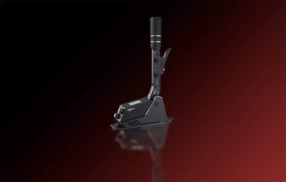 PXN sequential gearbox in black with metal rod and base, set against a black and red background.