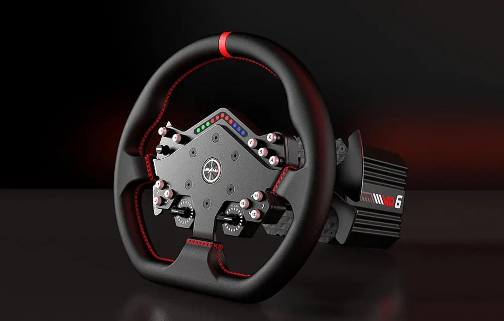 Juodas PXN žaidimų vairas su VD6 baze ant juodo fono.