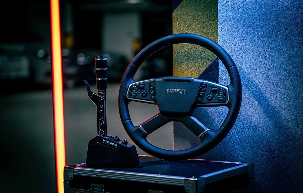 Moza Racing steering wheel and handbrake on dark background