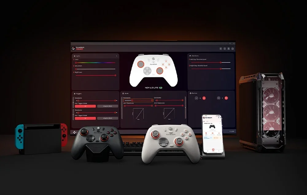 Monitor with GameSir controller setup software, surrounded by console, controllers, computer and smartphone.