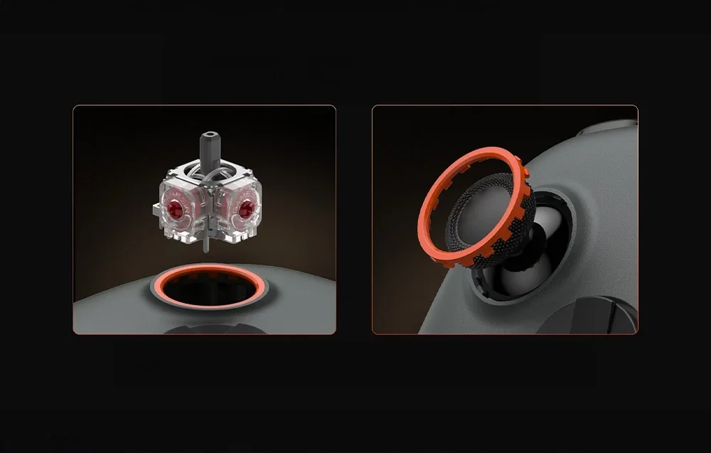 Close-up of the GameSir controller's internal joystick components - mechanism and anti-slip ring.