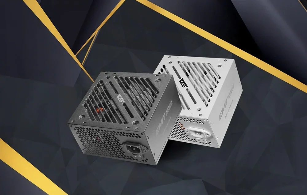 Pilkas ir baltas kompiuterio maitinimo blokas tamsiame fone su geltonomis linijomis